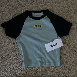 Obey Black and Light Blue Raglan Crop Top